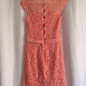 Elegant Belsoie pink lace cocktail dress with elegant back